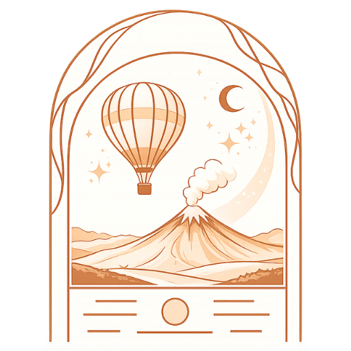 Illustration montrant la formule de travel planning L'envol avec une montgolfière au-dessus d'un volcan.