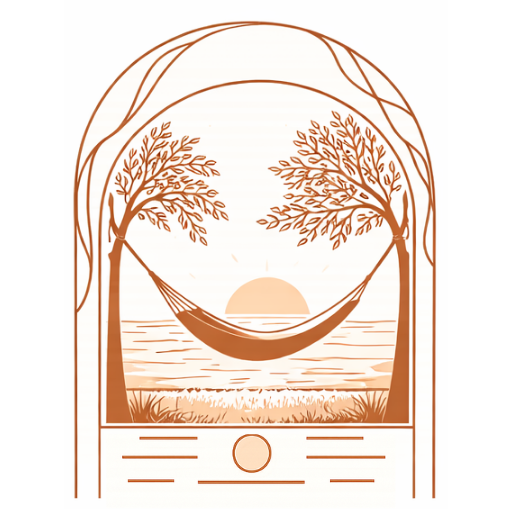 Illustration montrant la formule de travel planning Le Lâcher prise avec un hamac entre deux arbres au coucher du soleil.